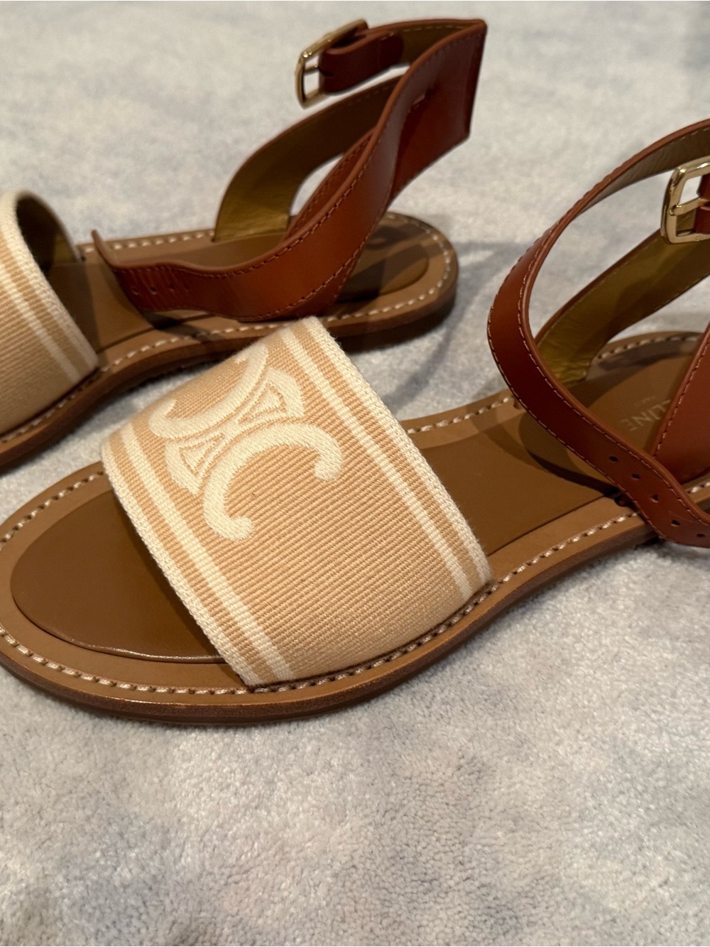 CELINE Lympia Triomphe Canvas Sandals Tan Leather Ankle Strap 8.5 / 38.5